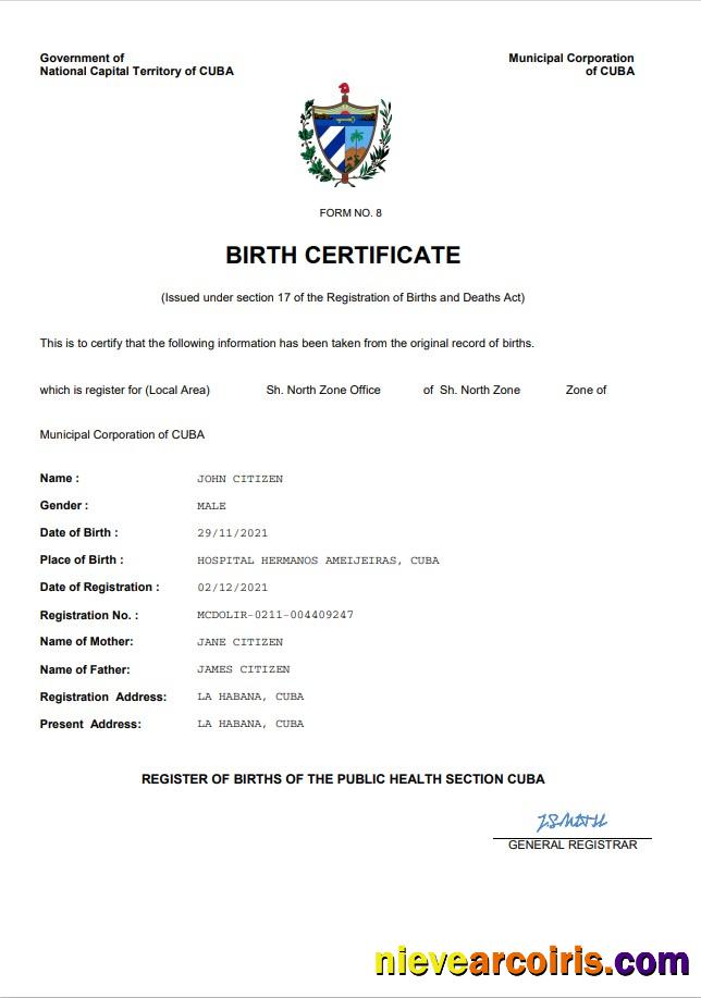 Cuba vital record birth certificate